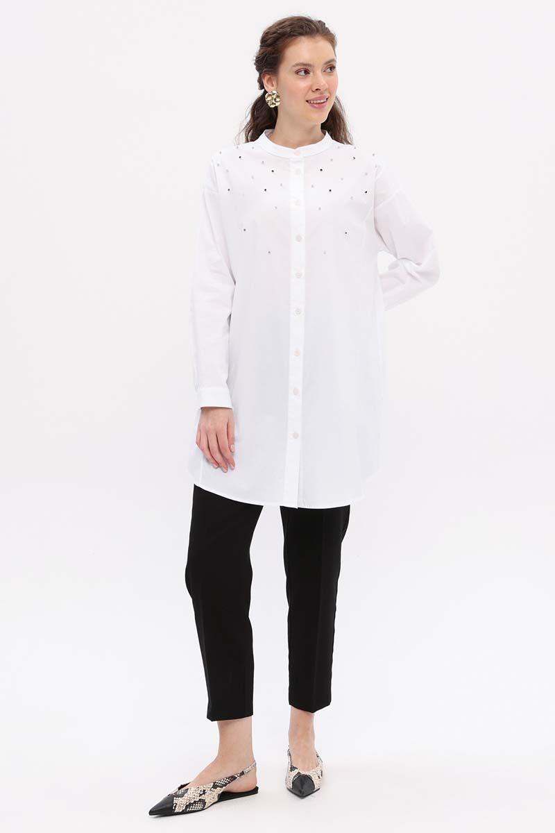 White-Cotton Stone Detailed Shirt Tunic