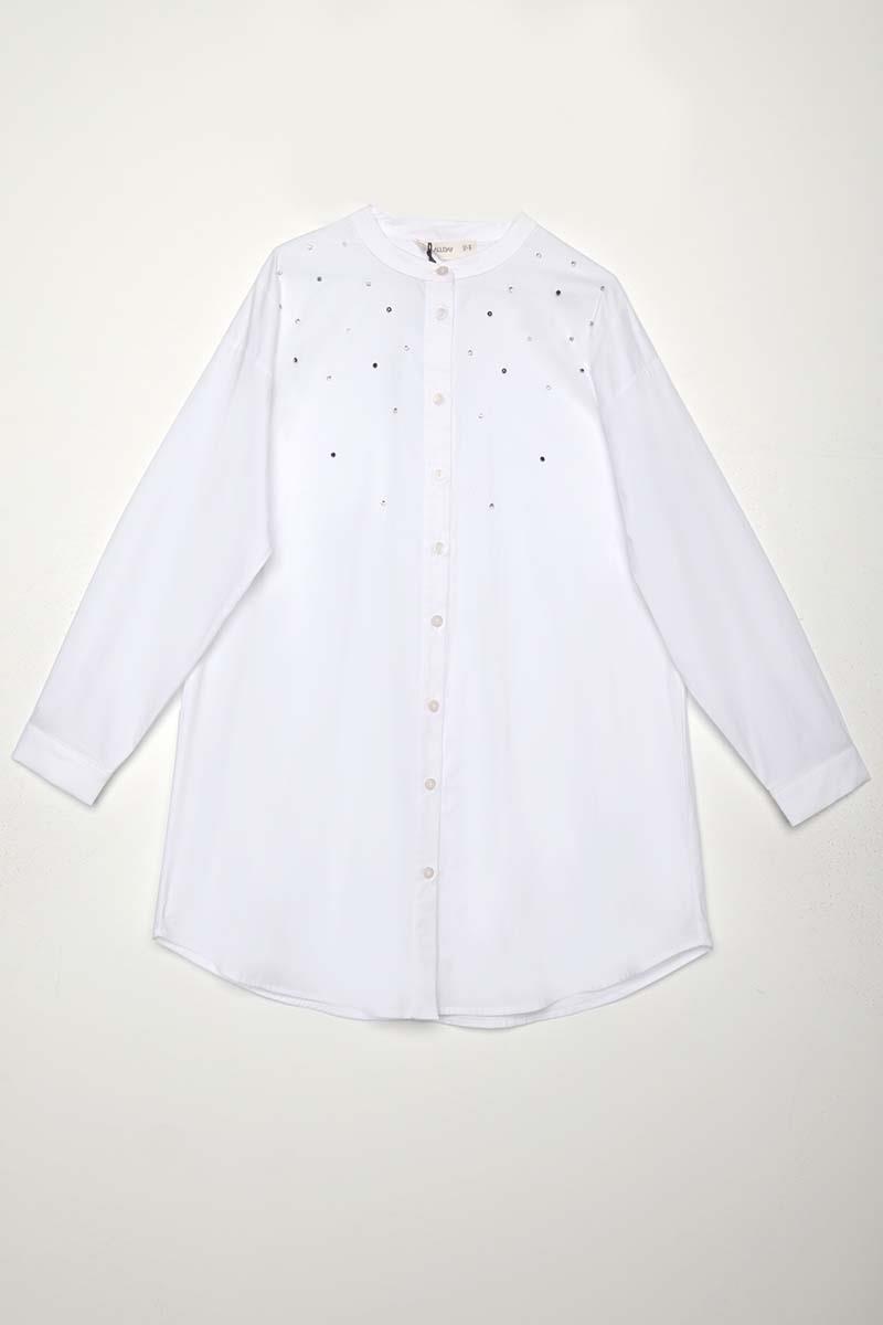 White-Cotton Stone Detailed Shirt Tunic