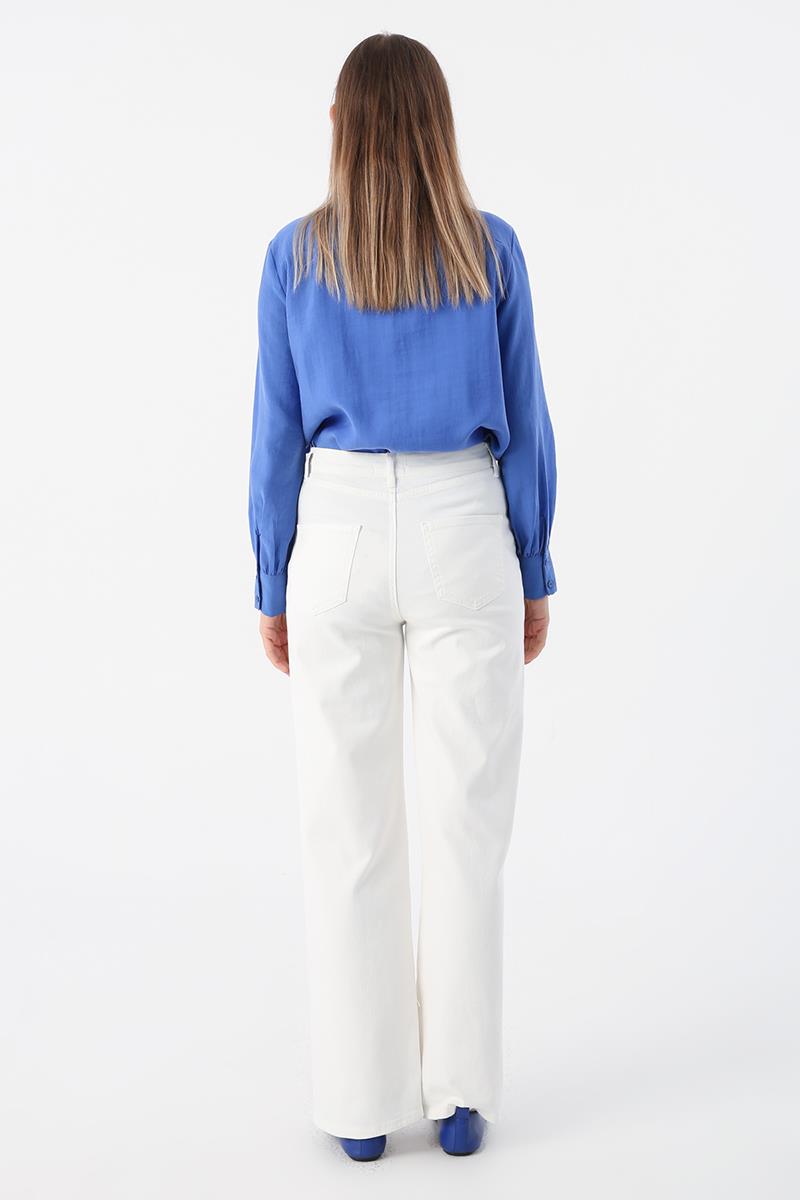 Beyaz-Pamuklu Wide Leg Likralı Pantolon