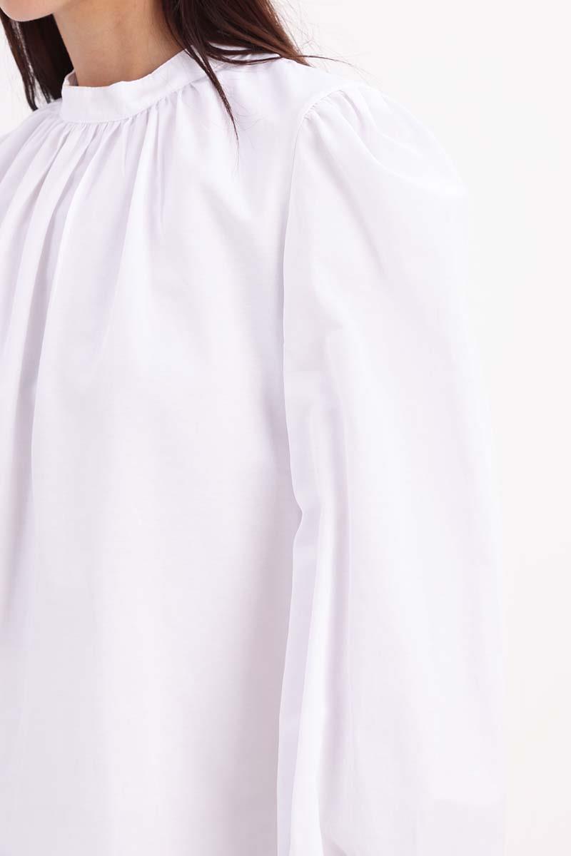 White-Cotton Gathered Collar Blouse
