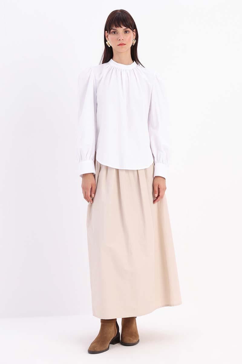 White-Cotton Gathered Collar Blouse