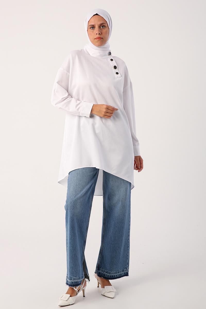 White-Stylish Button Detailed Tunic
