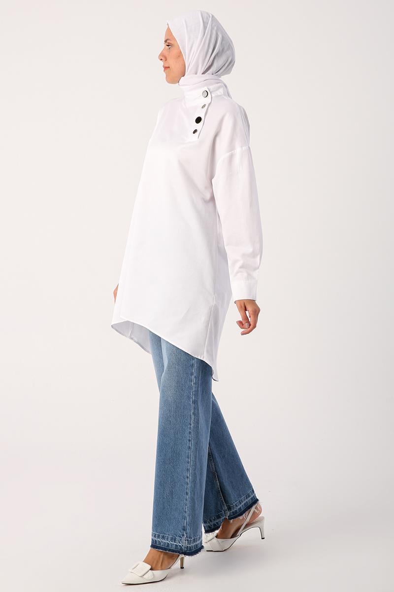 White-Stylish Button Detailed Tunic