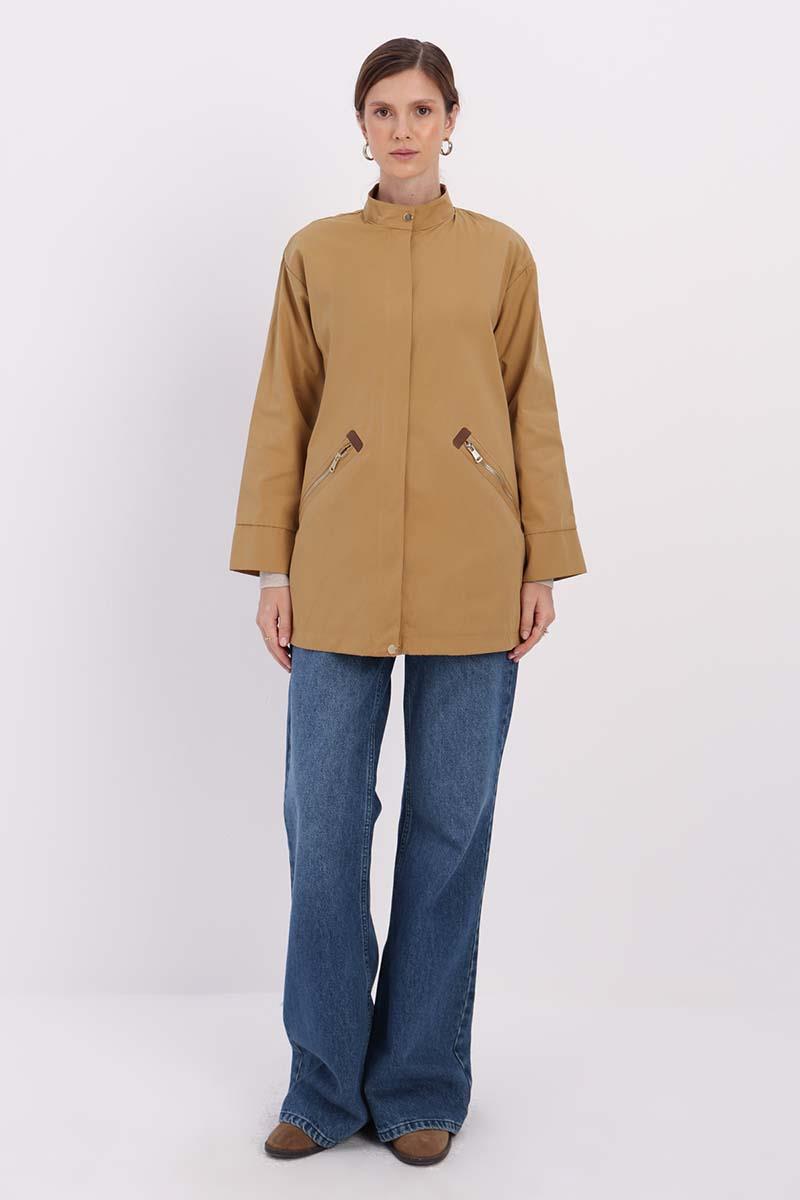 Biscuit-Pocket Zipped TRENCH COAT