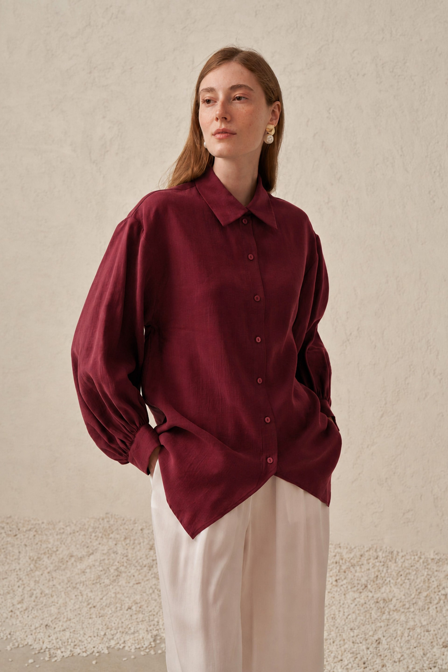 Bordo-Balon Kollu Oversize Gömlek