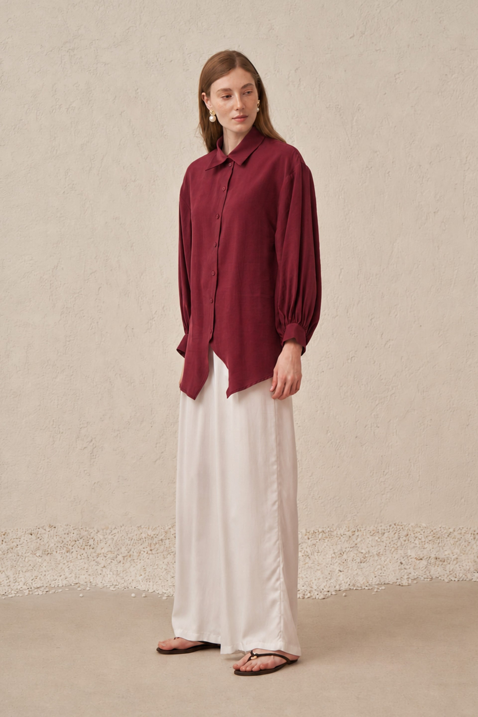 Bordo-Balon Kollu Oversize Gömlek