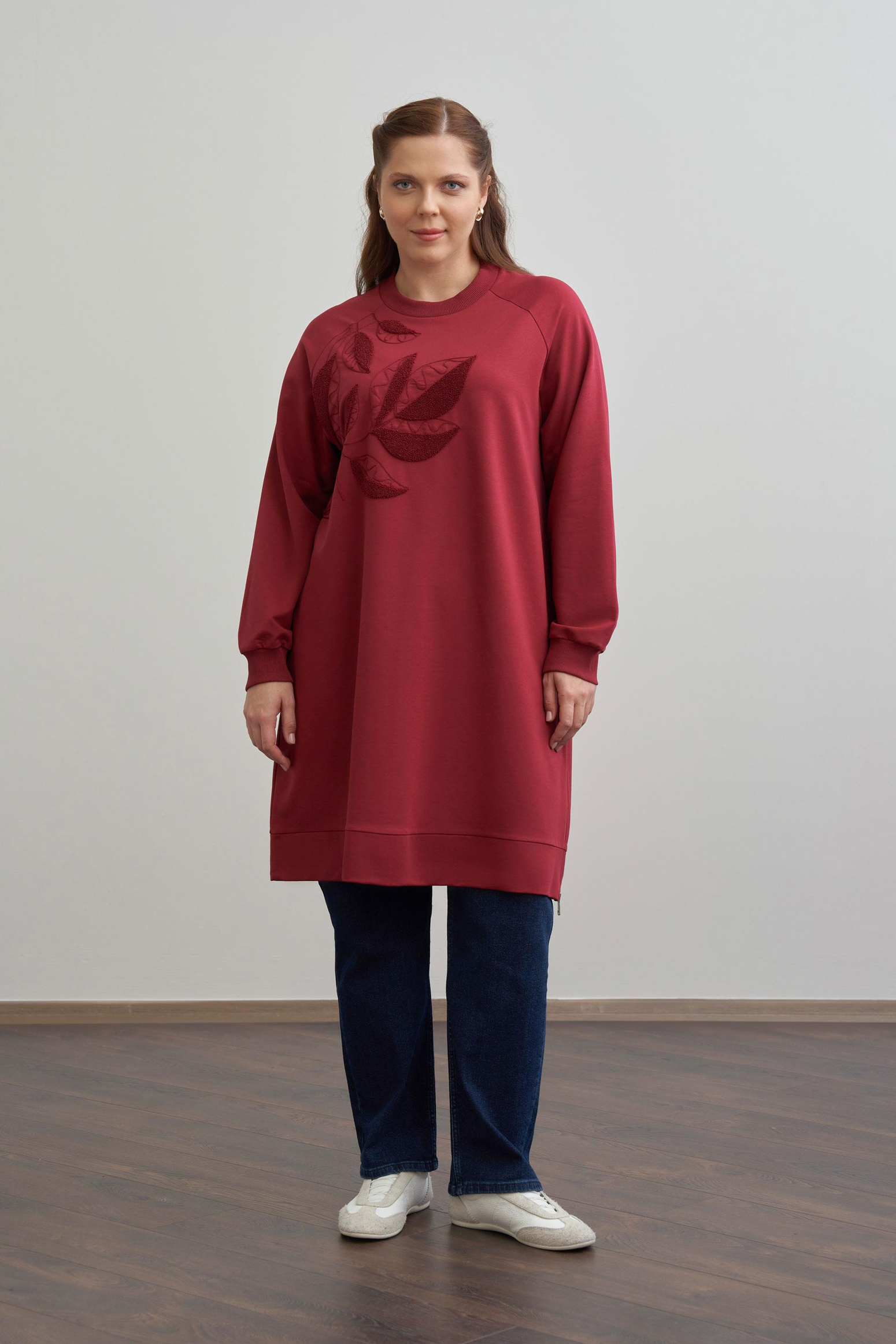 Bordo-Büyük Beden Pamuklu Yaprak Desenli Tunik