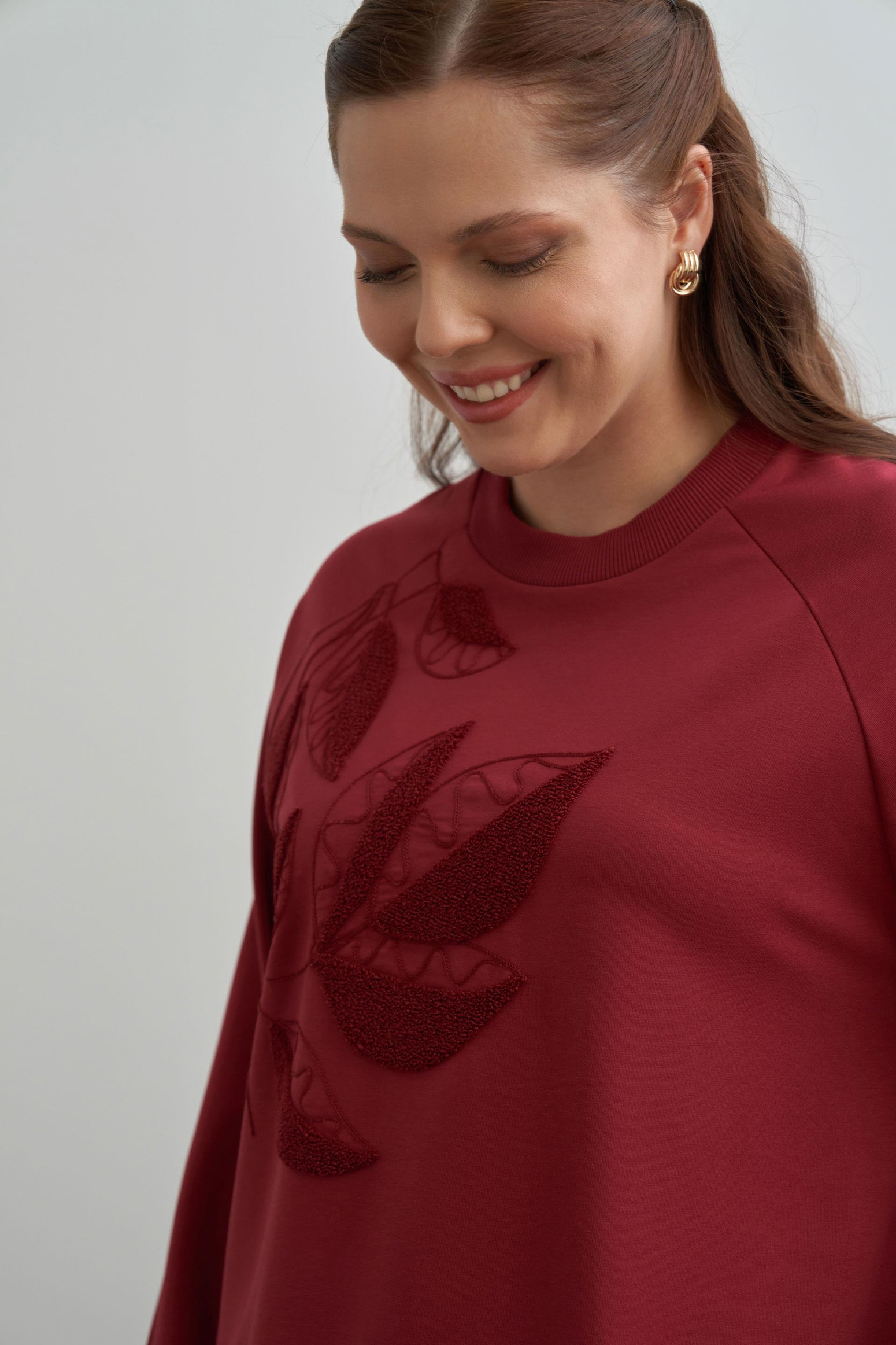 Bordo-Büyük Beden Pamuklu Yaprak Desenli Tunik