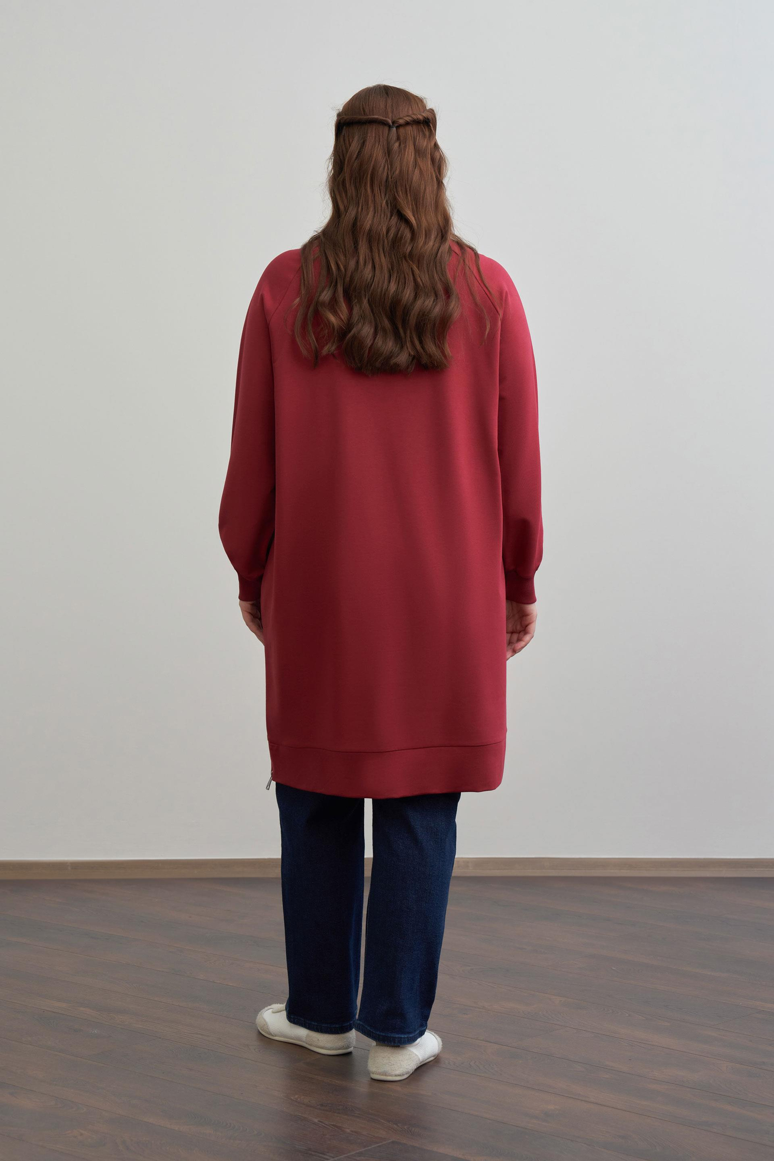 Bordo-Büyük Beden Pamuklu Yaprak Desenli Tunik