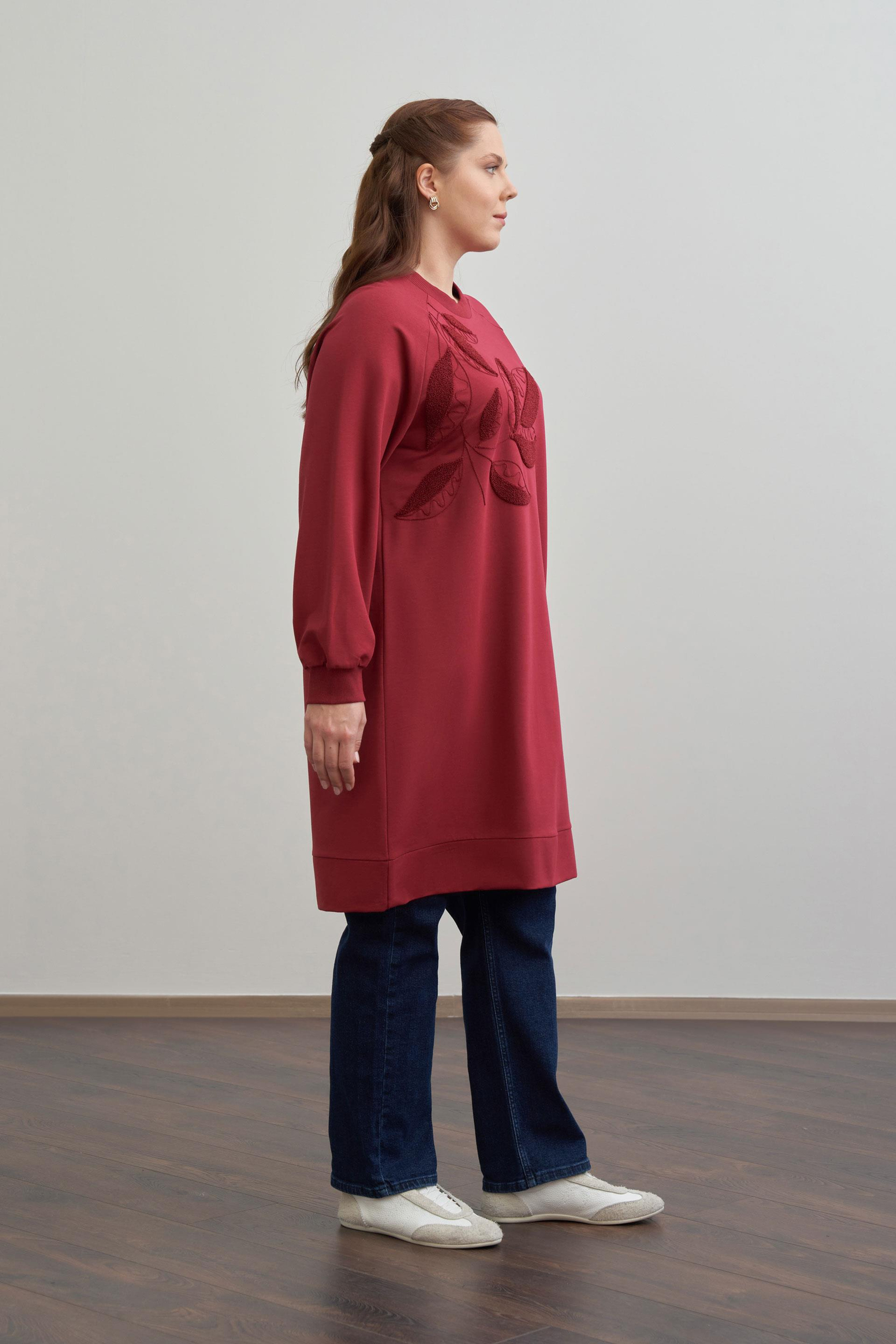 Bordo-Büyük Beden Pamuklu Yaprak Desenli Tunik