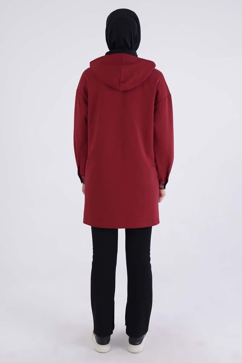 Bordo-Deri Garnili Kapüşonlu Sweat Tunik
