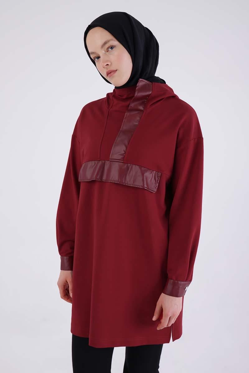 Bordo-Deri Garnili Kapüşonlu Sweat Tunik