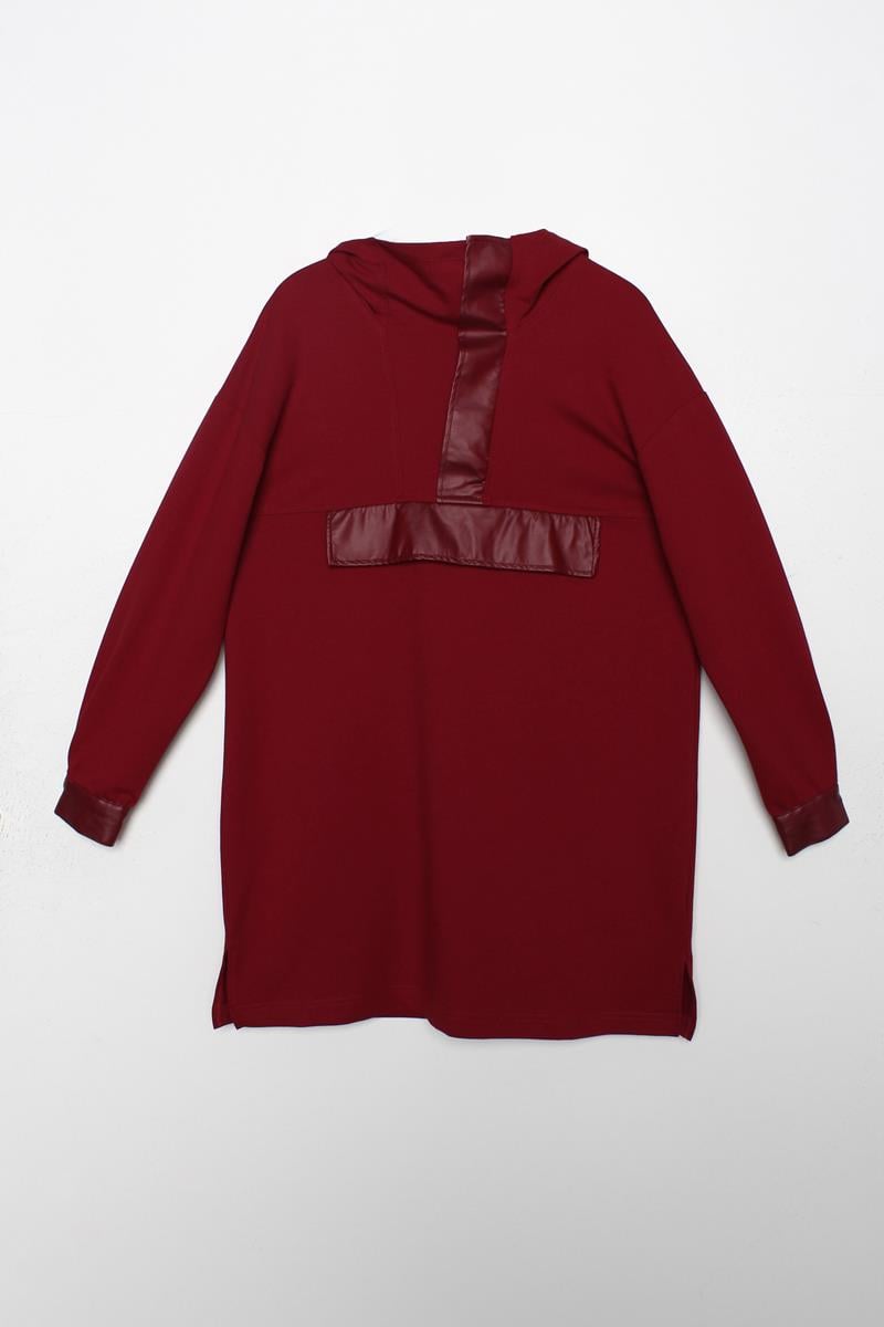 Bordo-Deri Garnili Kapüşonlu Sweat Tunik