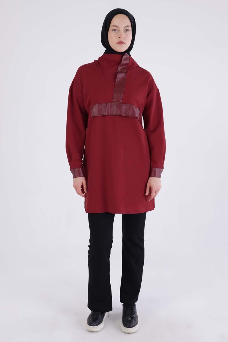 Bordo-Deri Garnili Kapüşonlu Sweat Tunik