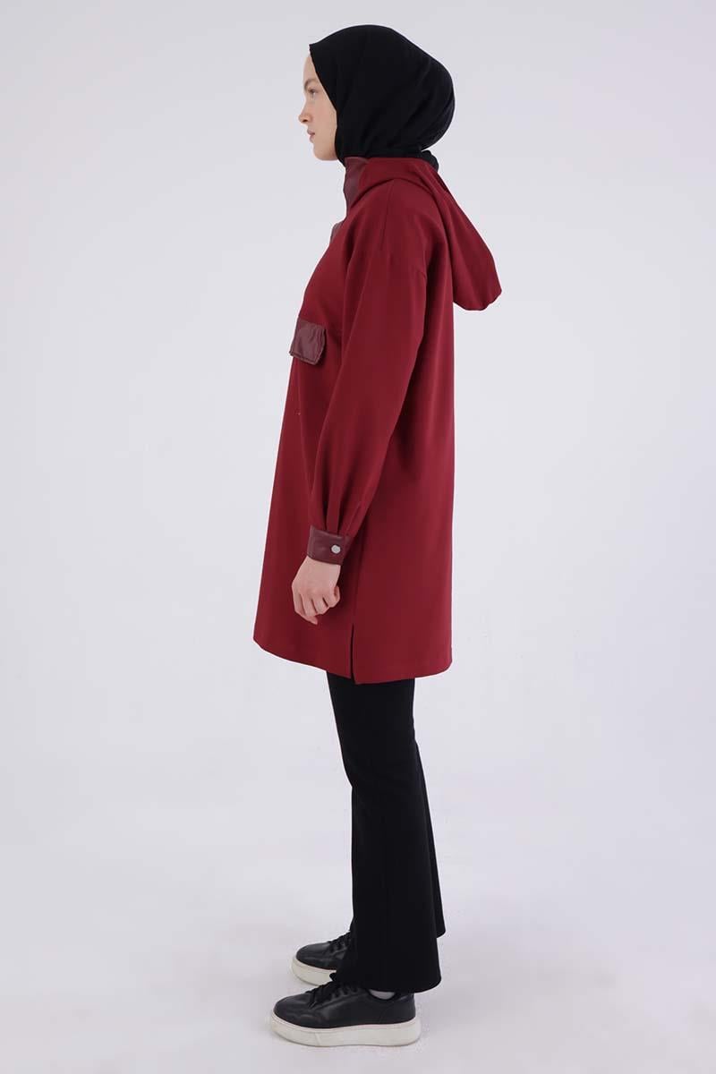 Bordo-Deri Garnili Kapüşonlu Sweat Tunik