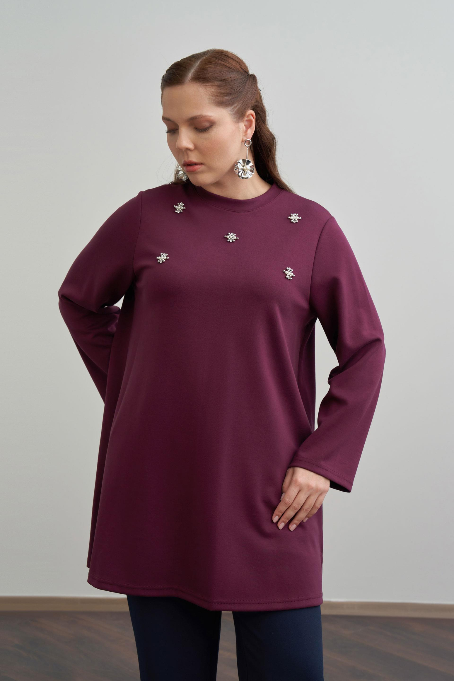 Bordo-İnci İşlemeli Tunik