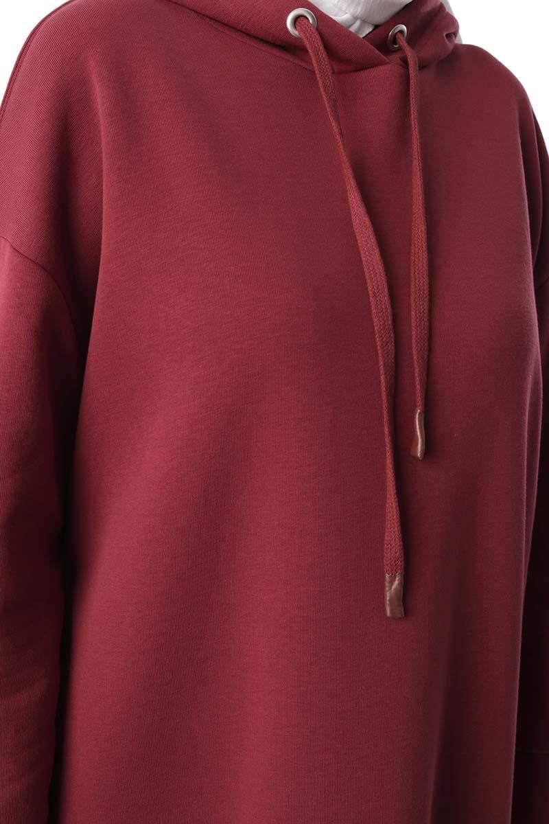 Bordo-Kapüşonlu Basic Elbise