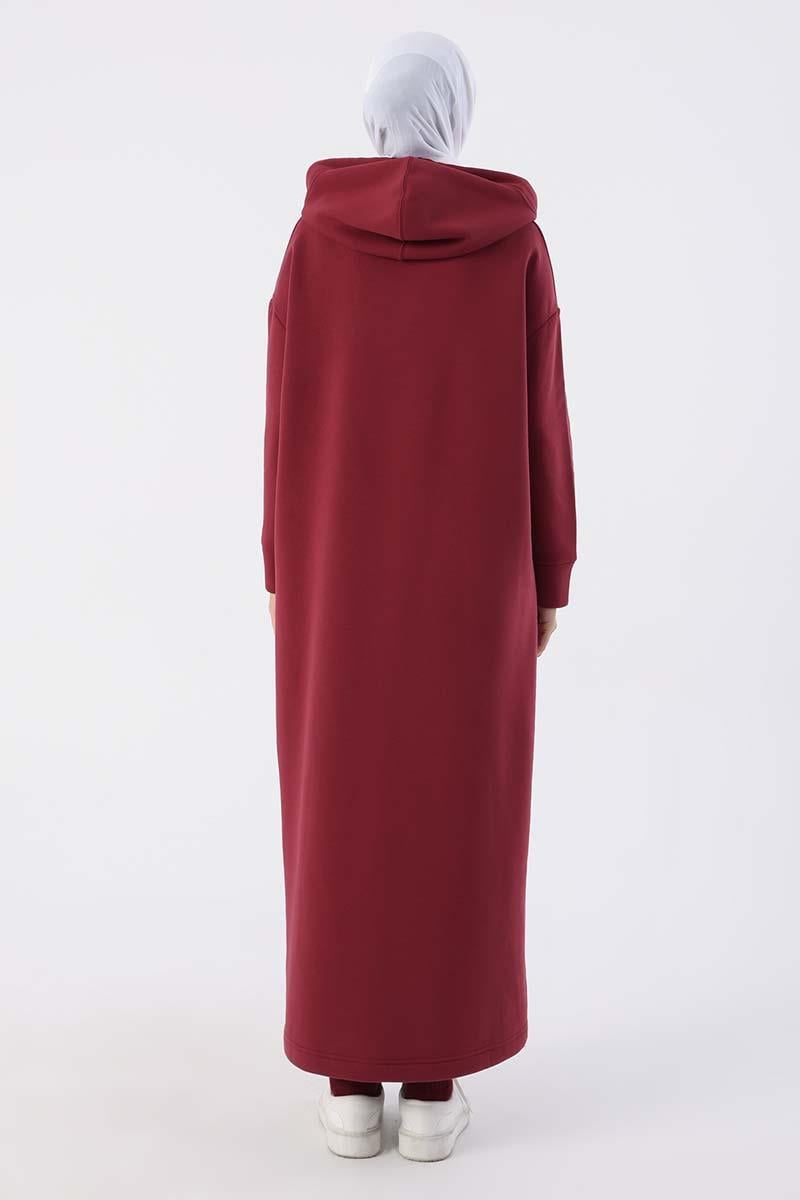 Bordo-Kapüşonlu Basic Elbise