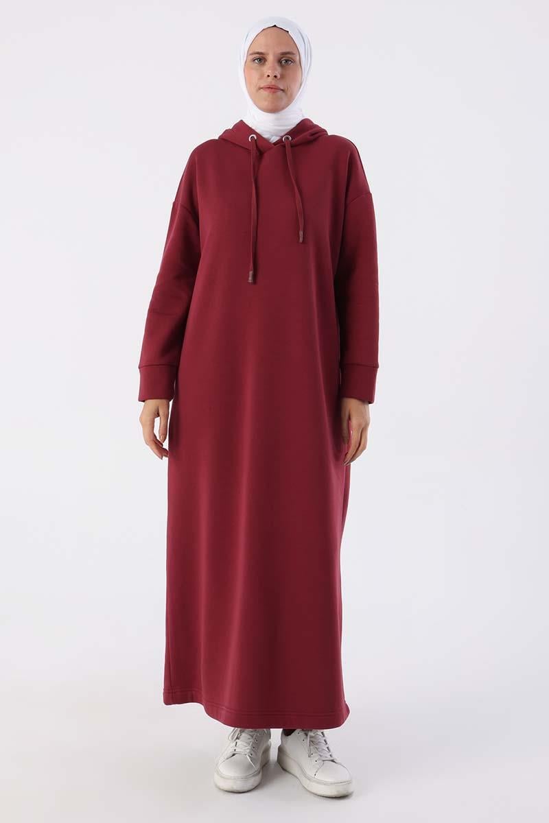 Bordo-Kapüşonlu Basic Elbise