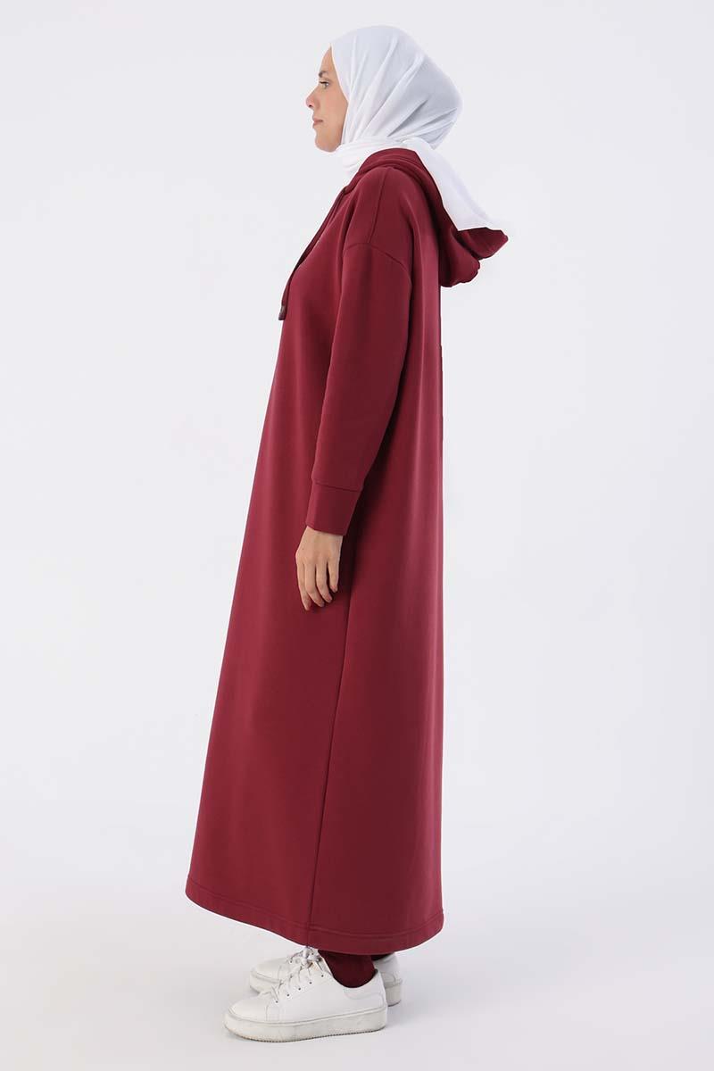 Bordo-Kapüşonlu Basic Elbise