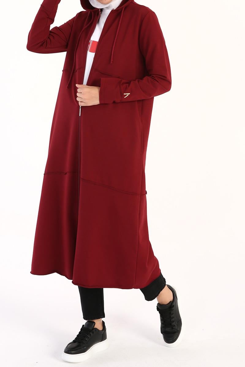 Claret Red-Hooded Zipper Cardigan