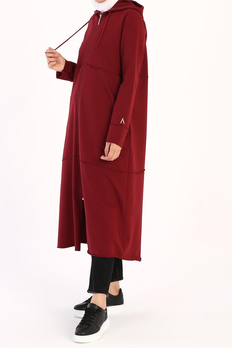 Claret Red-Hooded Zipper Cardigan
