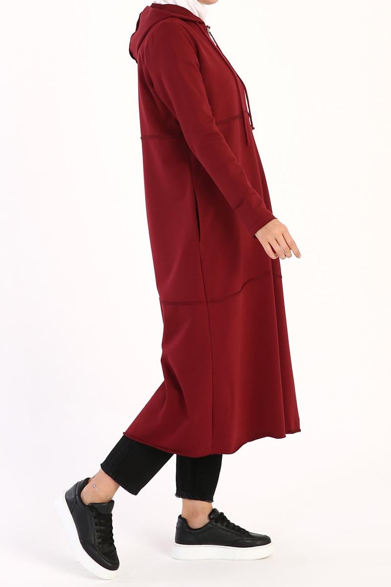 Claret Red-Hooded Zipper Cardigan