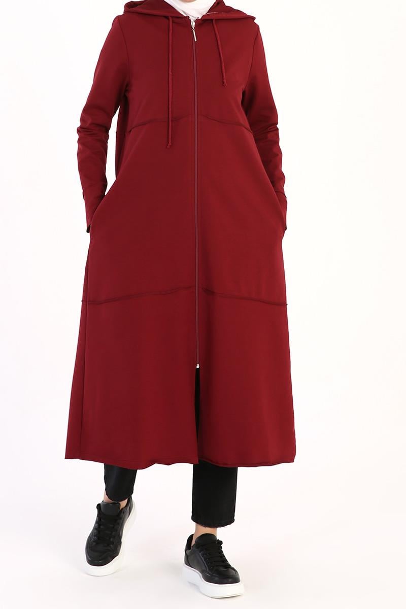Claret Red-Hooded Zipper Cardigan