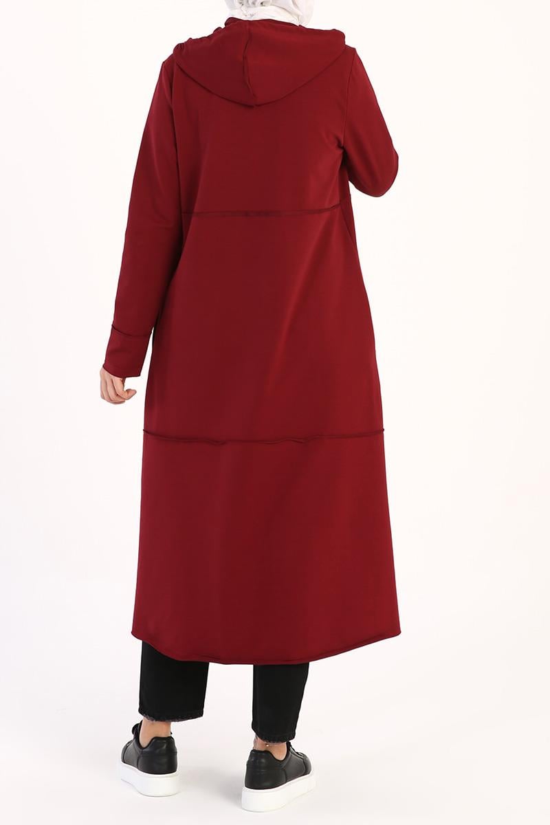 Claret Red-Hooded Zipper Cardigan