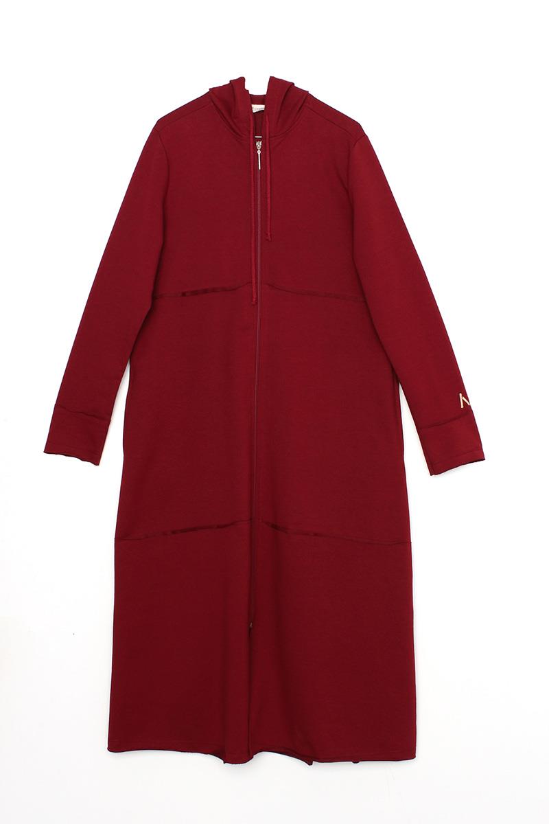 Claret Red-Hooded Zipper Cardigan