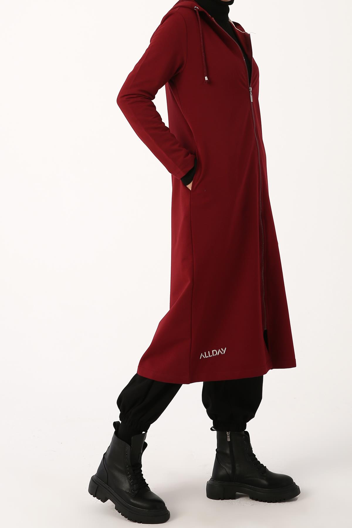 Bordo-Kapüşonlu Hırka
