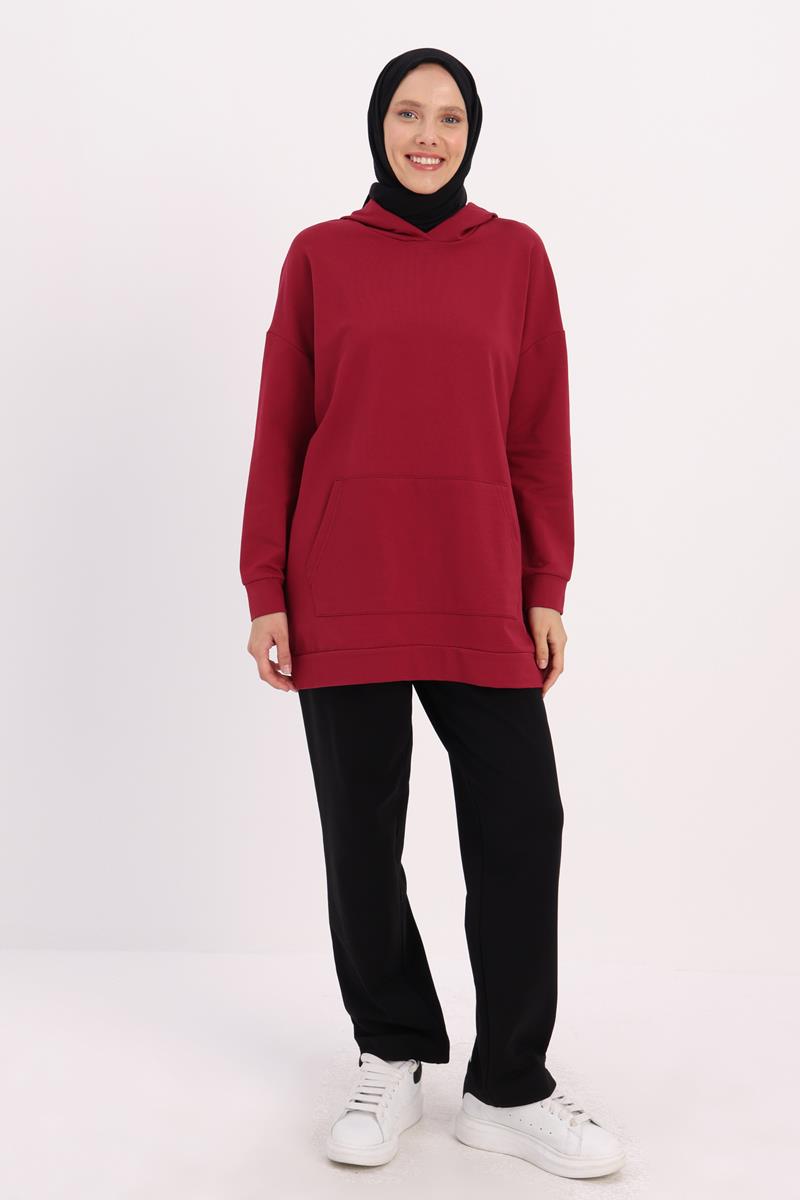Bordo-Kapüşonlu Sweat Tunik