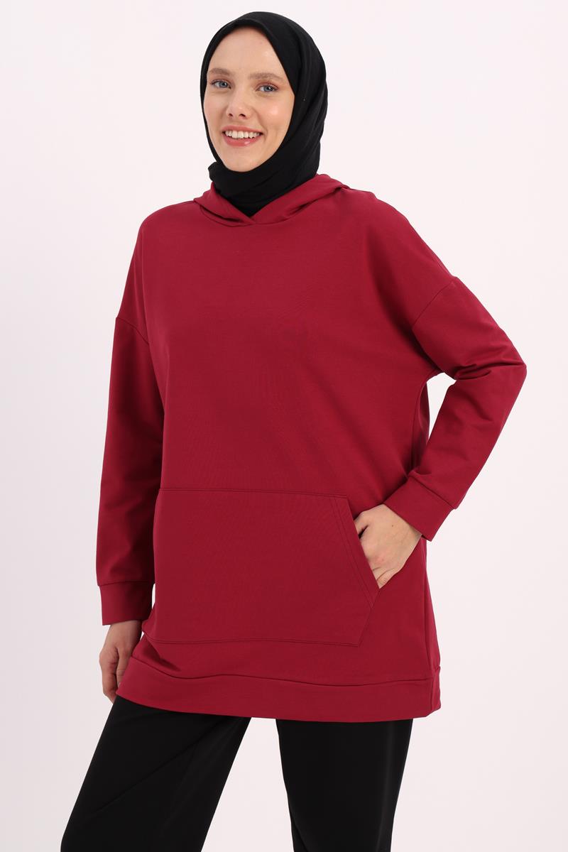 Bordo-Kapüşonlu Sweat Tunik
