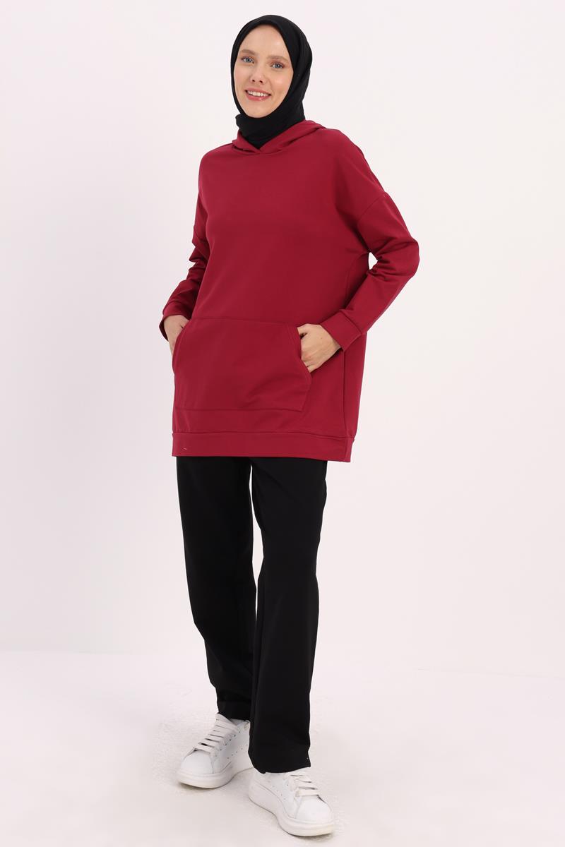 Bordo-Kapüşonlu Sweat Tunik