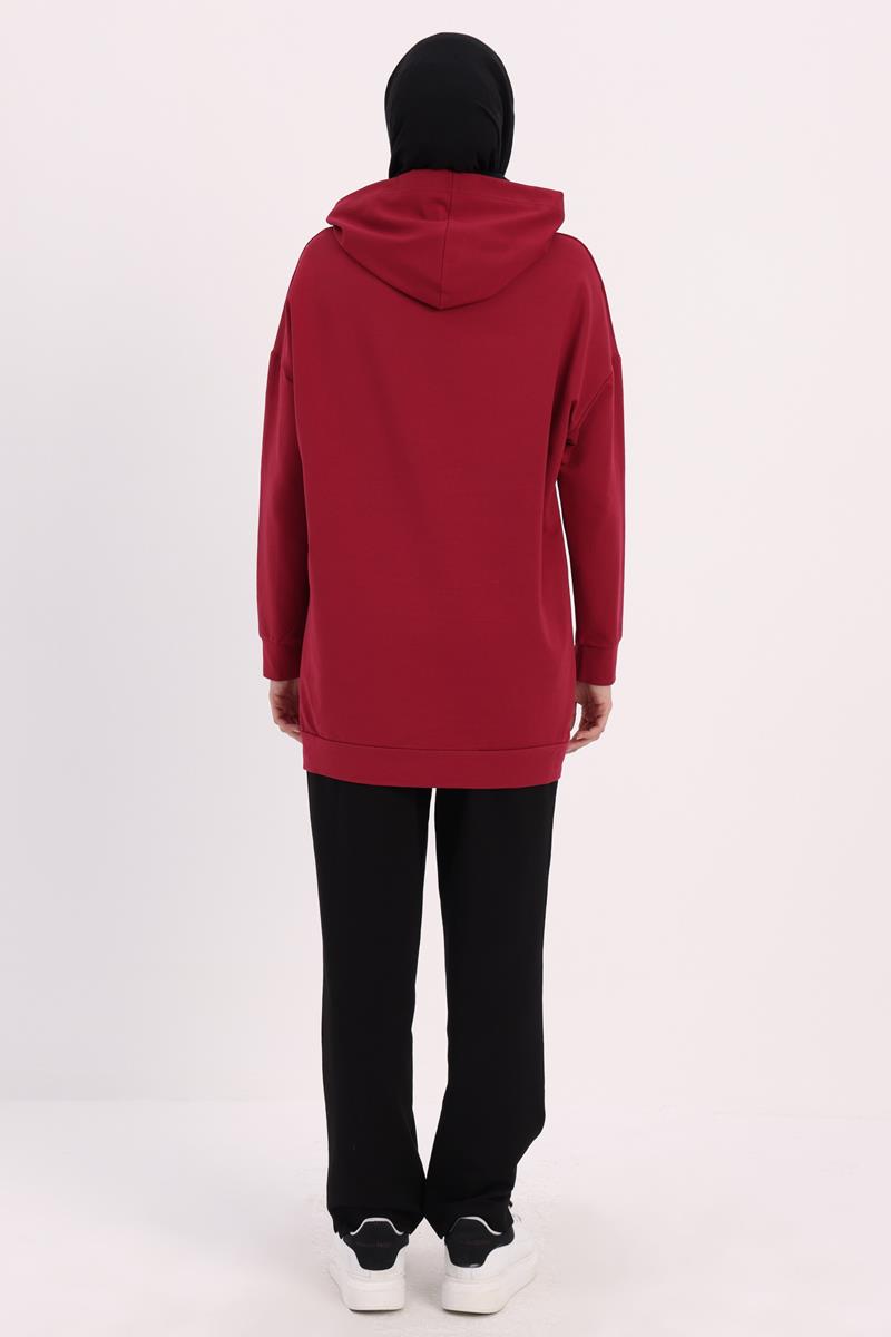 Bordo-Kapüşonlu Sweat Tunik