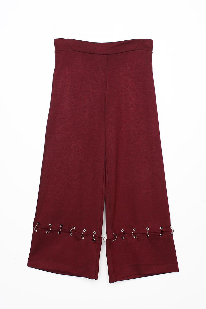 Bordo-Metal Halkalı Bol Paça Pantolon