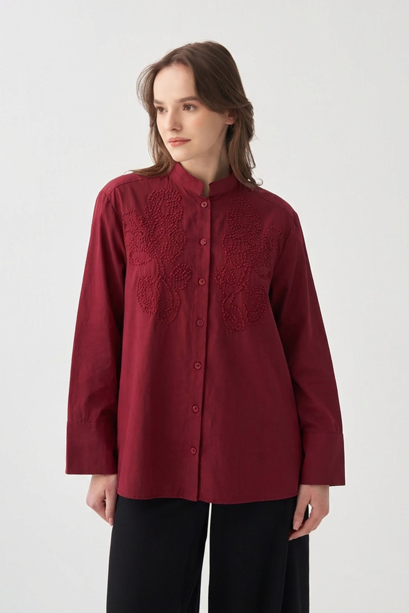 Burgundy-Embroidered Detail Shirt