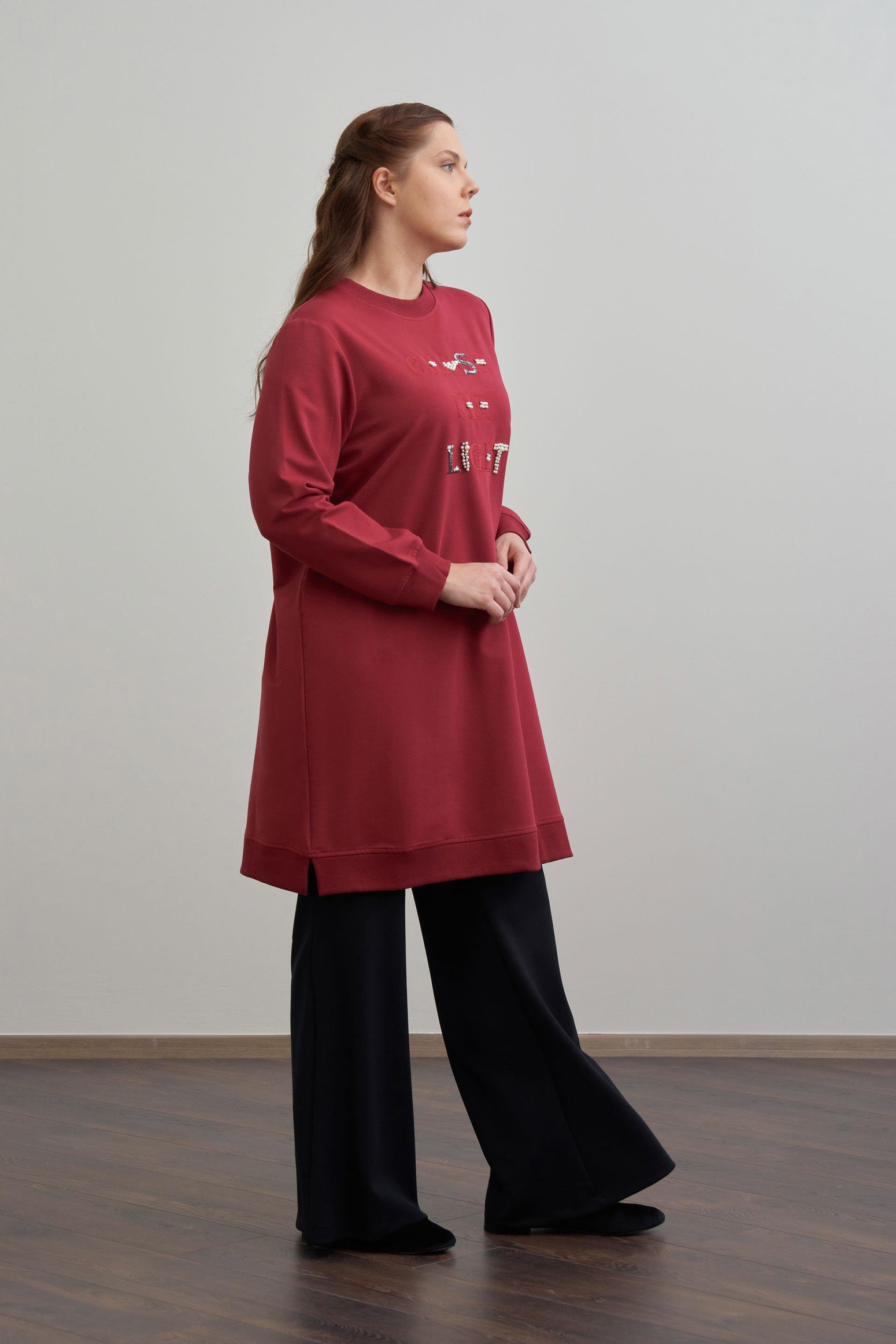 Bordo-Nakışlı Pamuklu Tunik