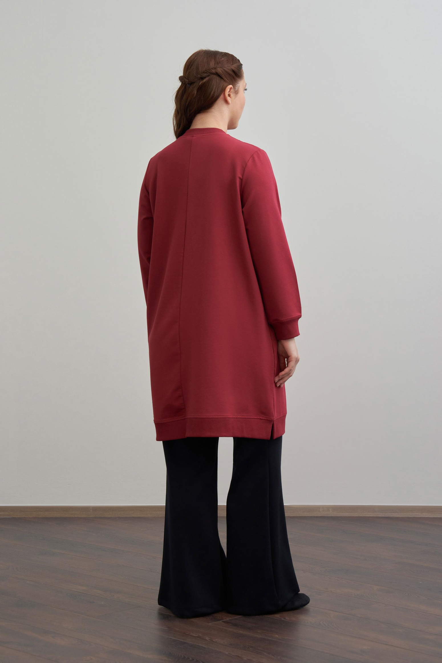 Bordo-Nakışlı Pamuklu Tunik