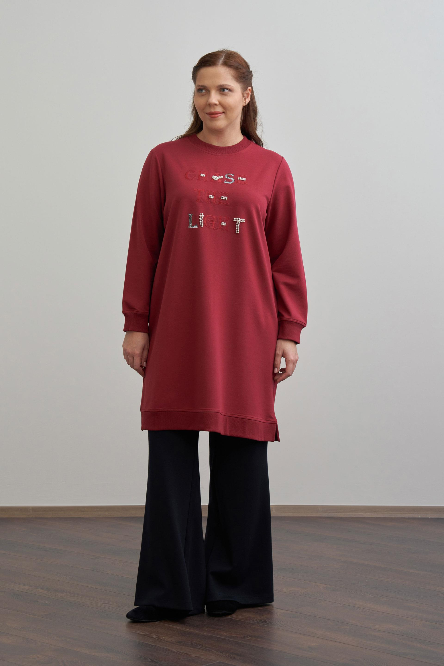 Bordo-Nakışlı Pamuklu Tunik