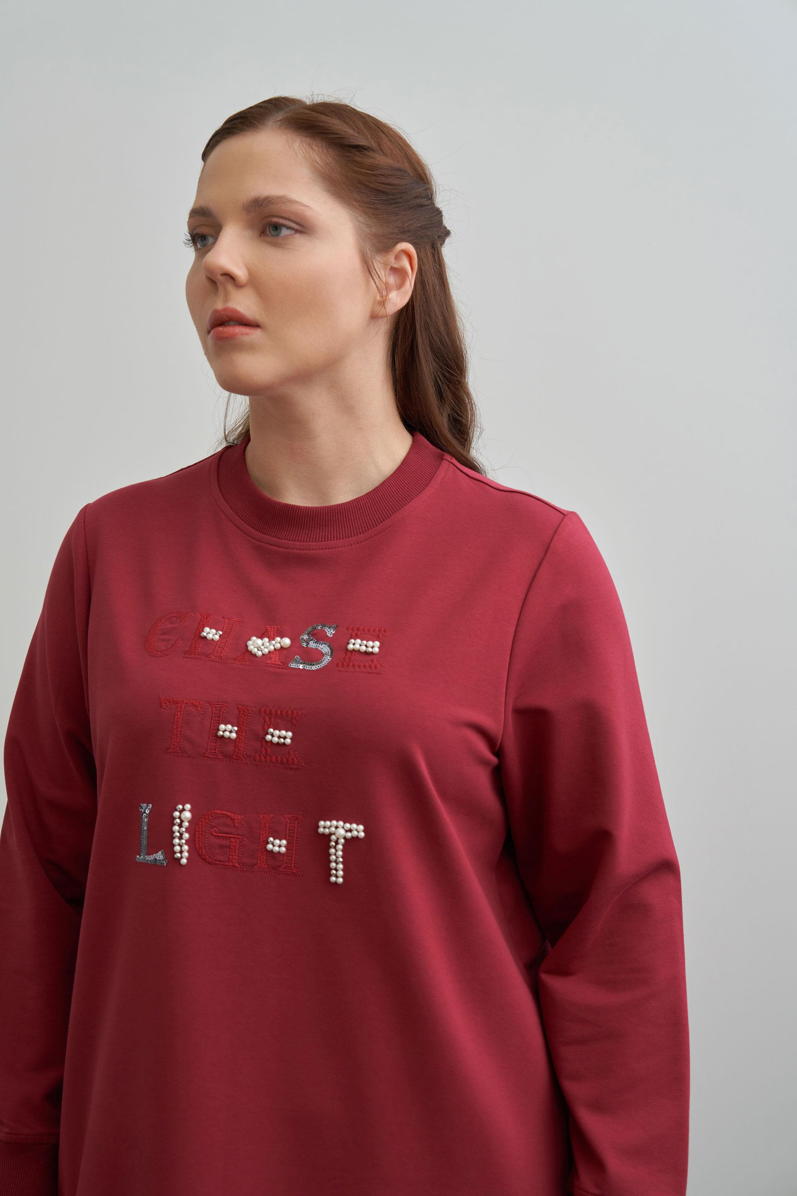 Bordo-Nakışlı Pamuklu Tunik