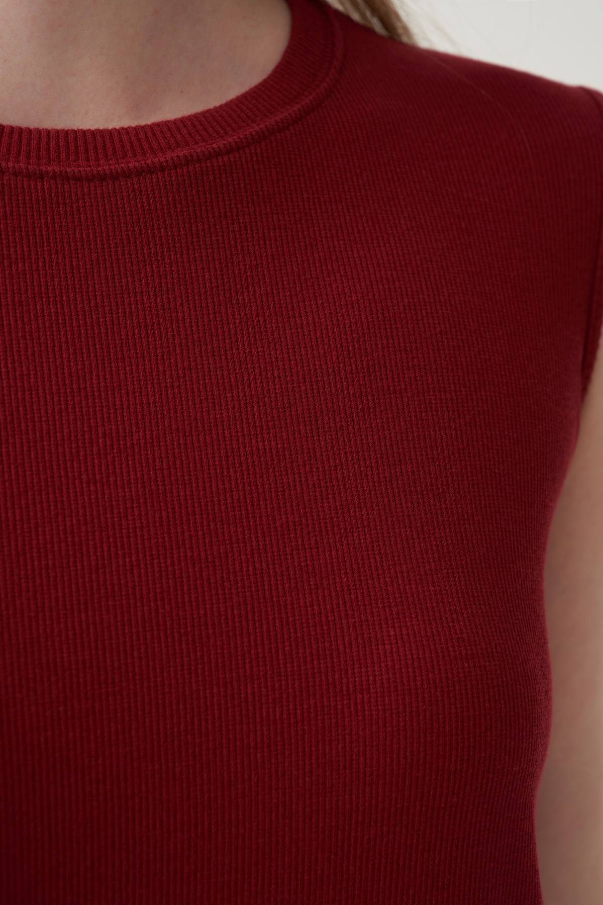 Bordo-Pamuklu Fitilli Kolsuz T-Shirt