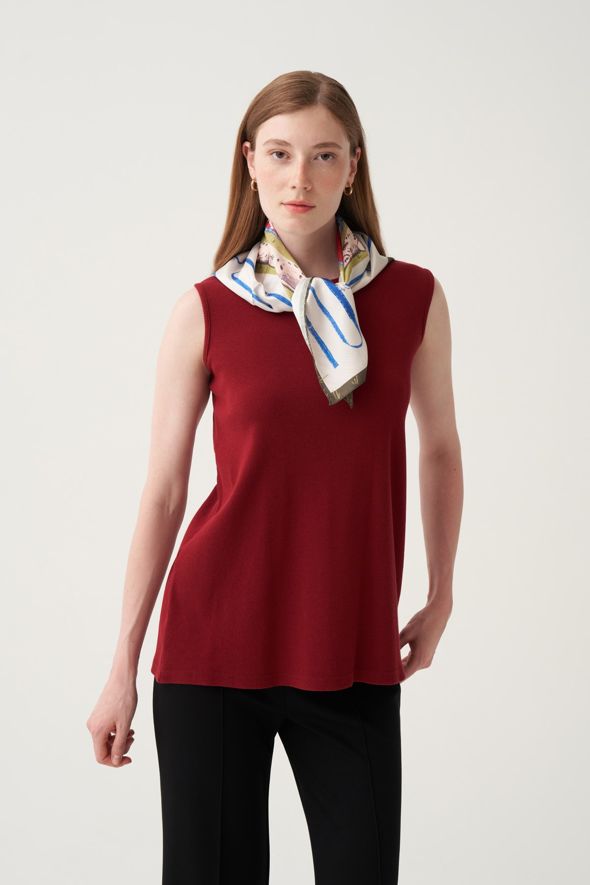 Bordo-Pamuklu Fitilli Kolsuz T-Shirt