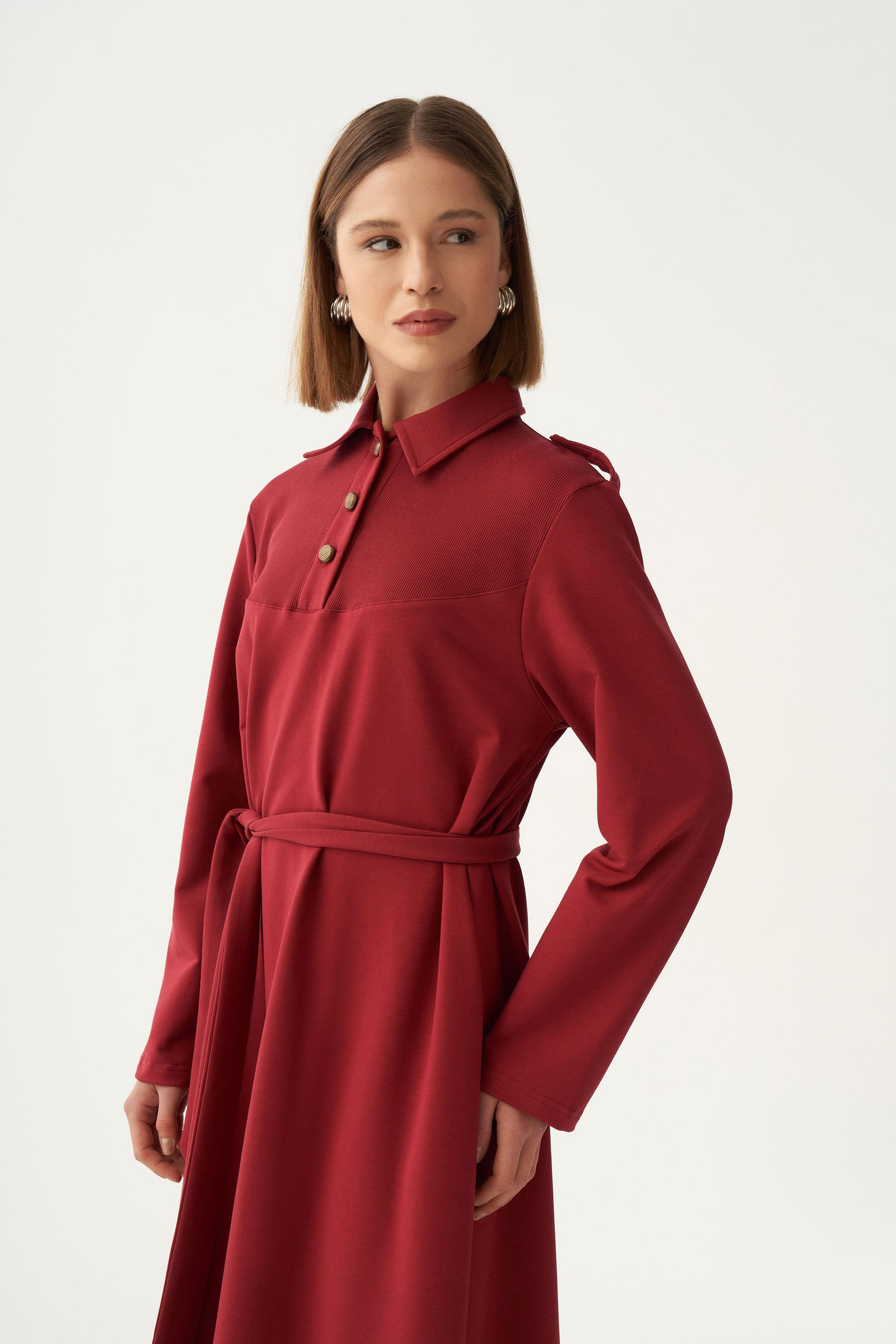 Bordo-Pamuklu Gömlek Yaka Apoletli Elbise