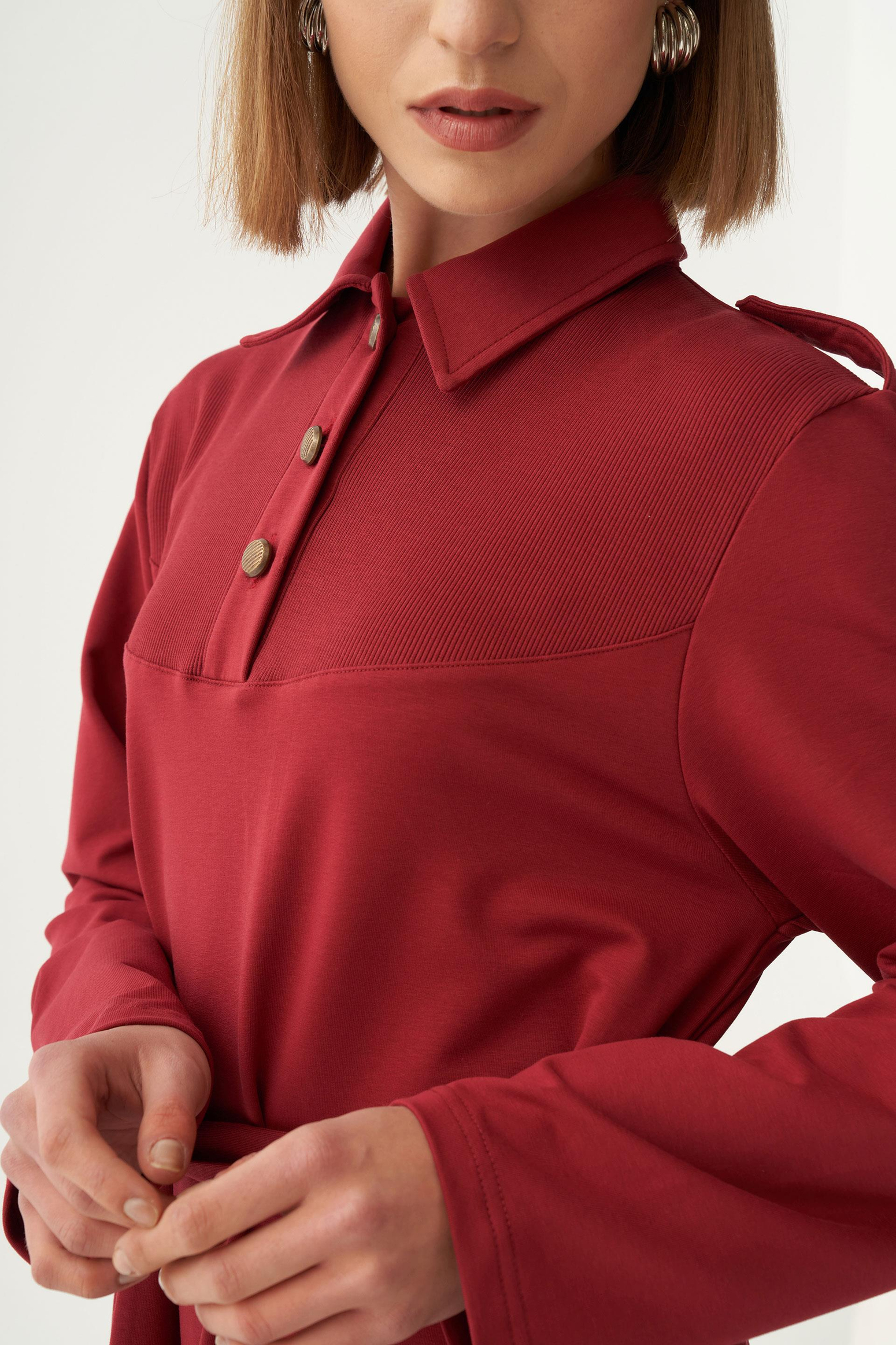 Bordo-Pamuklu Gömlek Yaka Apoletli Elbise