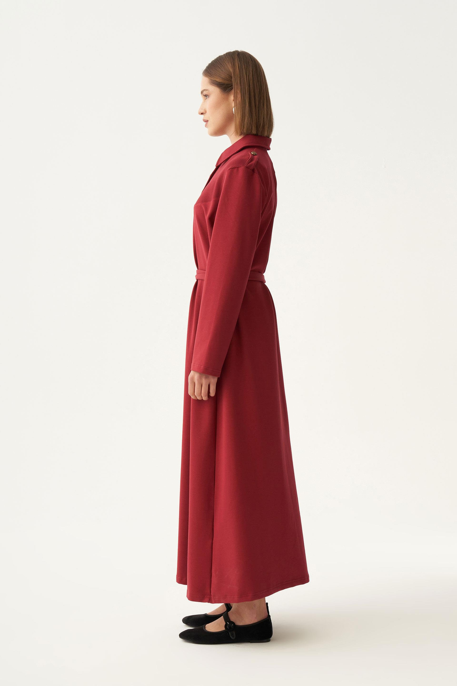 Bordo-Pamuklu Gömlek Yaka Apoletli Elbise