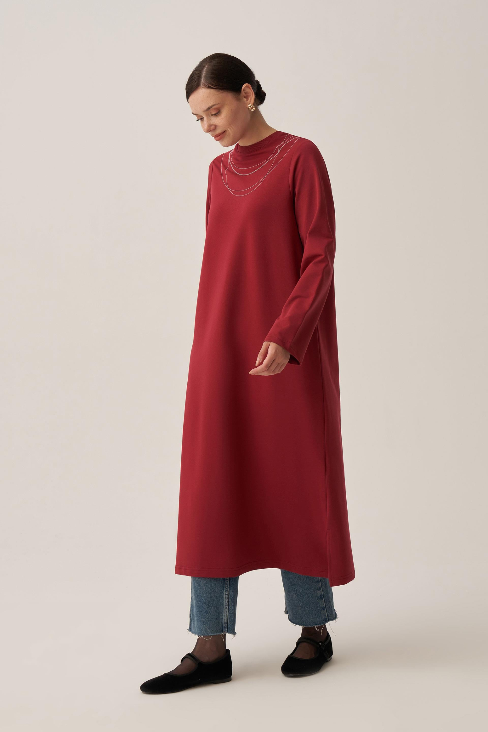 Bordo-Pamuklu Zincir İşlemeli Tunik