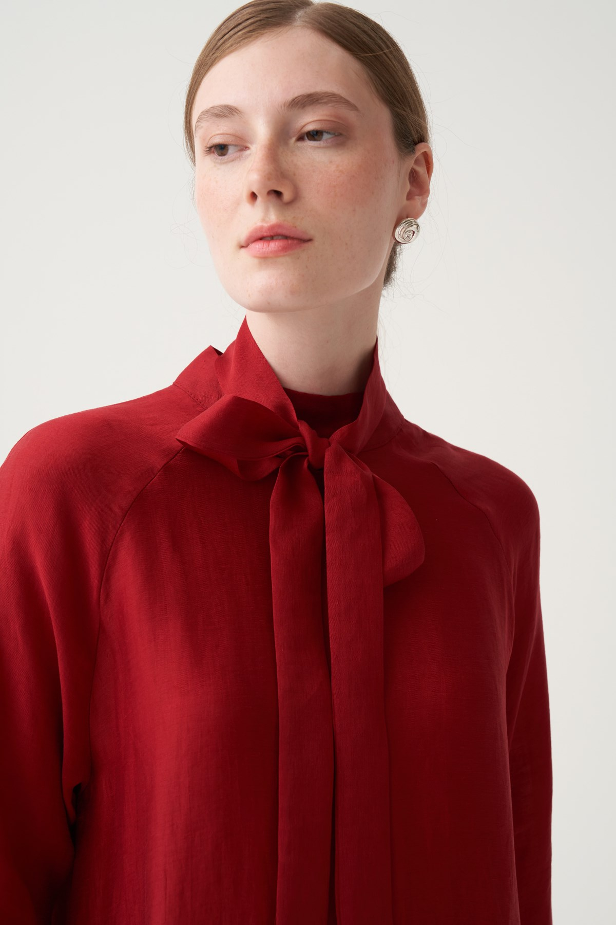 Bordo-Reglan Belden Bağlamalı Keten Elbise