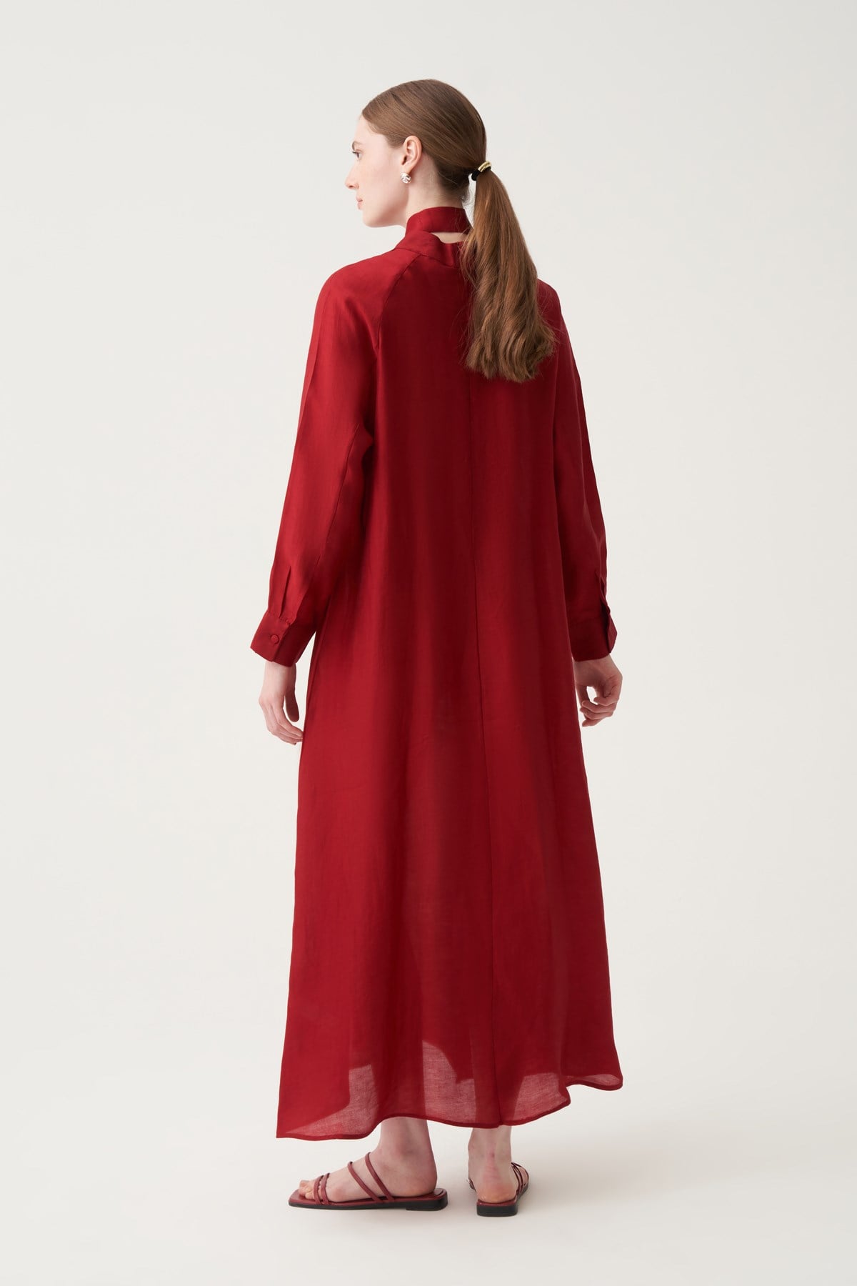 Bordo-Reglan Belden Bağlamalı Keten Elbise