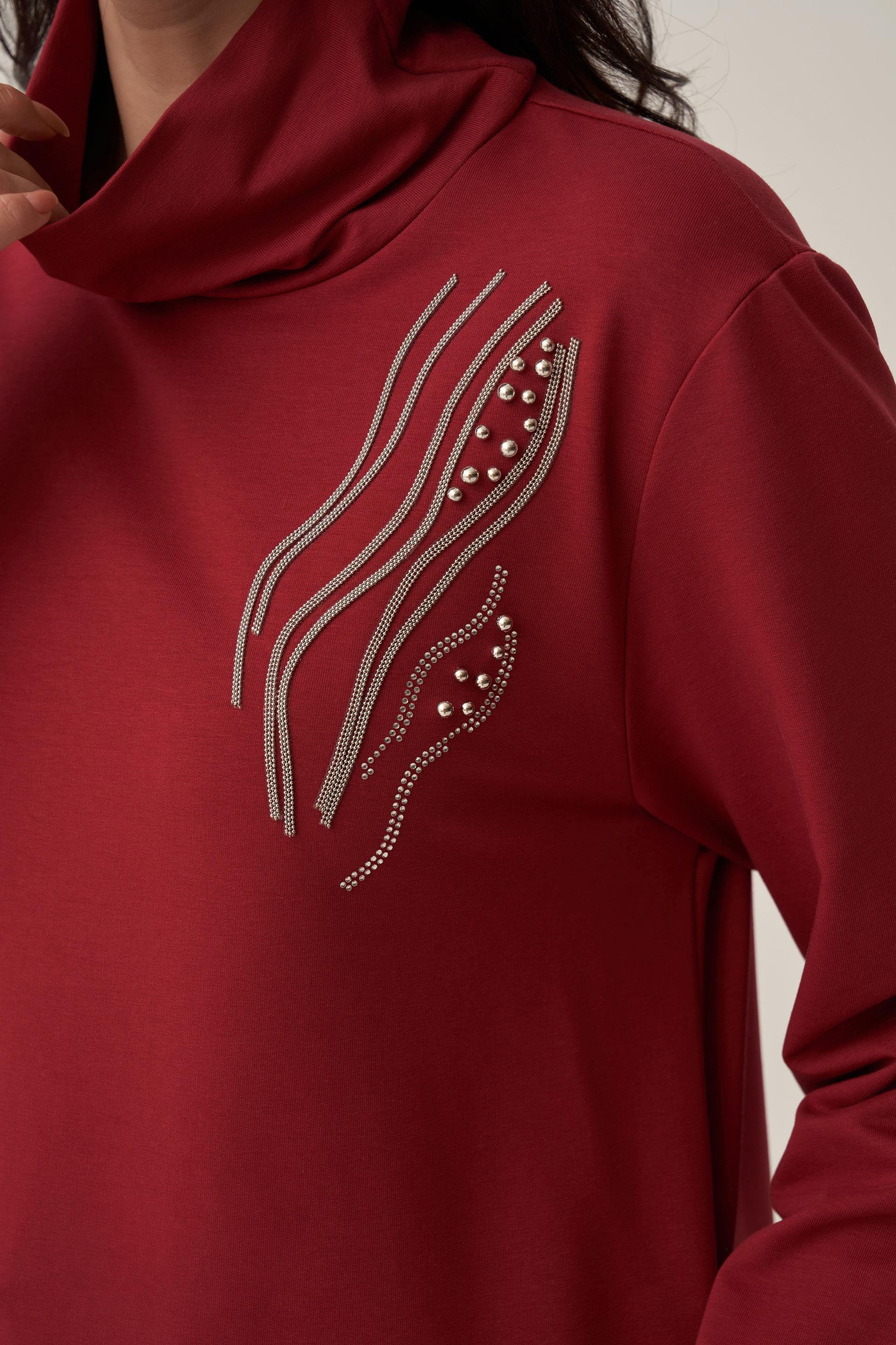 Bordo-Taş İşlemeli Pamuklu Tunik